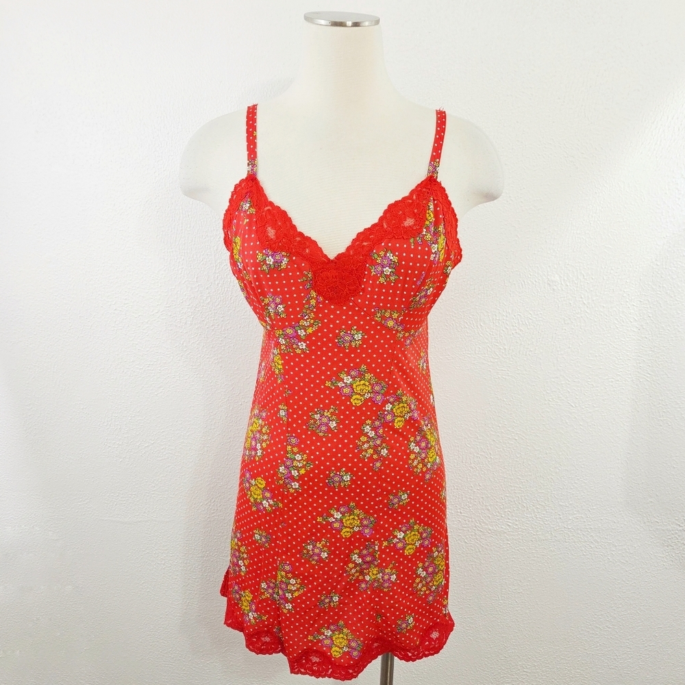 Vintage 60s 70s Red Floral Nightgown Night Slip Dress Lace Mini Size 36